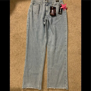 Super High Rise Straight Embellished Light Wash Jeans size 29/9